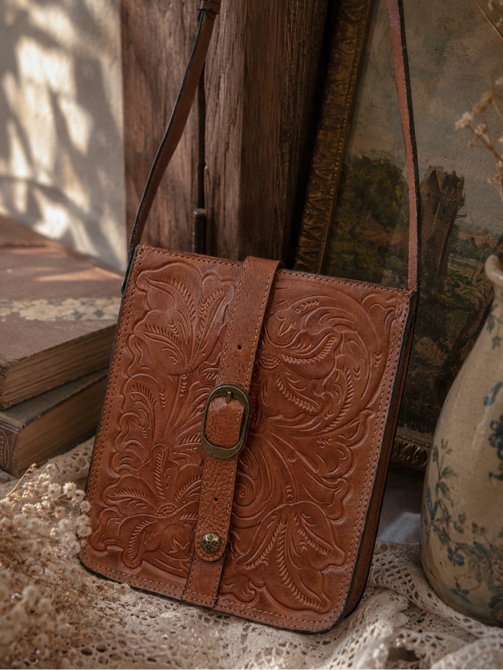 Patricia Nash Venezia Tooled Leather Floral Crossbody Bag Brown 100% Leather